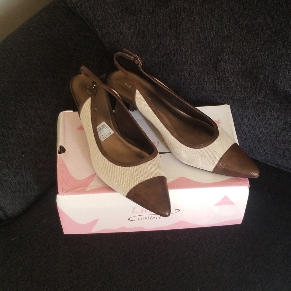 Brown and tweed sling backs